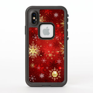 Kerstgouden sneeuwvlokken op rode achtergrond