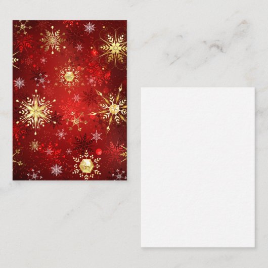 Kerstgouden sneeuwvlokken op rode achtergrond aanbevelingskaartje (Voorkant / Achterkant)