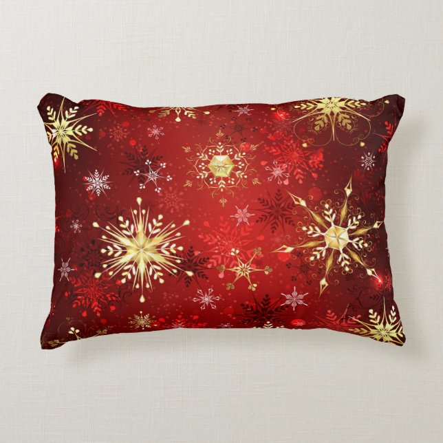 Kerstgouden sneeuwvlokken op rode achtergrond accent kussen (Voorkant)