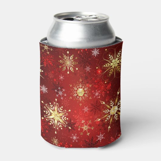 Kerstgouden sneeuwvlokken op rode achtergrond blikjeskoeler (Blikje Voorkant)