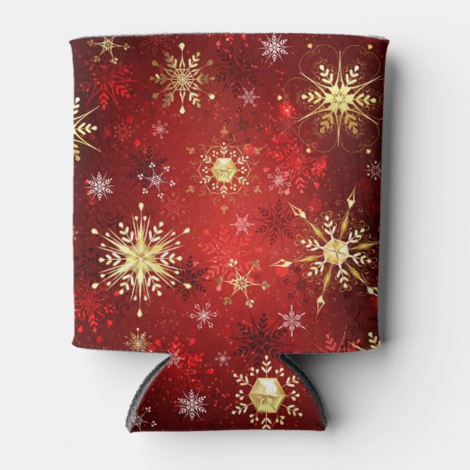 Kerstgouden sneeuwvlokken op rode achtergrond blikjeskoeler (Voorkant)