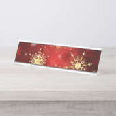 Kerstgouden sneeuwvlokken op rode achtergrond bureau naambordje (Voorkant)