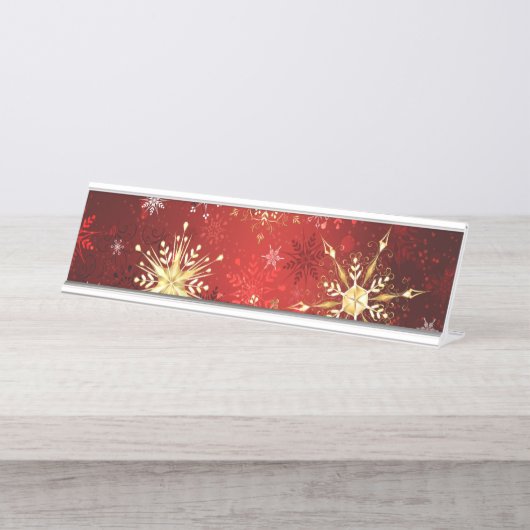 Kerstgouden sneeuwvlokken op rode achtergrond bureau naambordje (Voorkant)