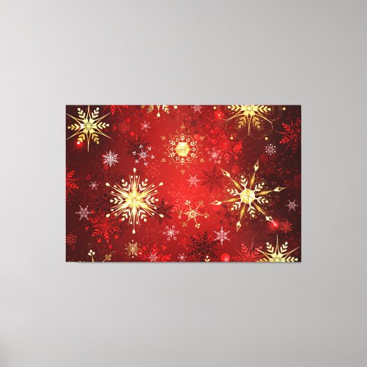Kerstgouden sneeuwvlokken op rode achtergrond canvas afdruk (Voorkant)