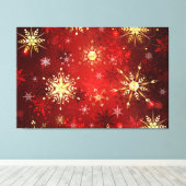 Kerstgouden sneeuwvlokken op rode achtergrond canvas afdruk (Insitu (Houten vloer))