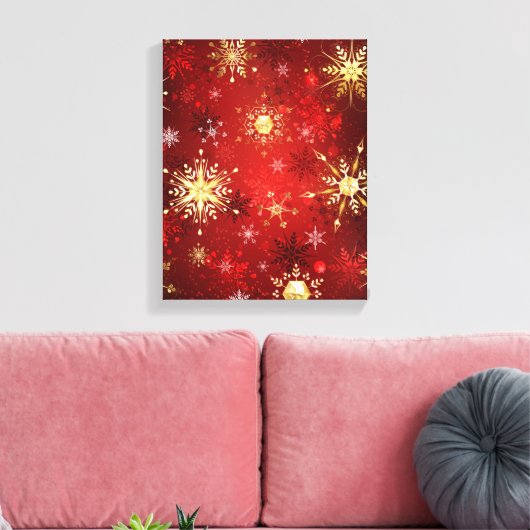 Kerstgouden sneeuwvlokken op rode achtergrond canvas afdruk (Insitu (Woonkamer))