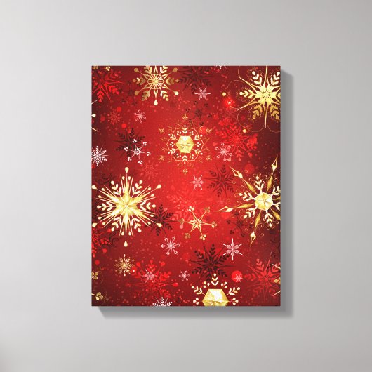 Kerstgouden sneeuwvlokken op rode achtergrond canvas afdruk (Voorkant)