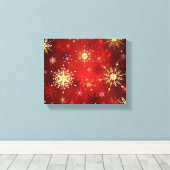 Kerstgouden sneeuwvlokken op rode achtergrond canvas afdruk (Insitu (Houten vloer))