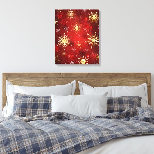 Kerstgouden sneeuwvlokken op rode achtergrond canvas afdruk (Insitu (Slaapkamer))