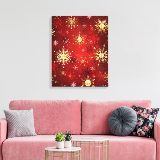 Kerstgouden sneeuwvlokken op rode achtergrond canvas afdruk (Insitu (Woonkamer))
