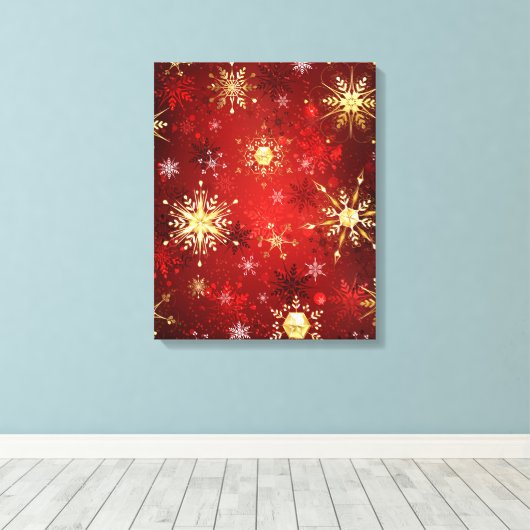 Kerstgouden sneeuwvlokken op rode achtergrond canvas afdruk (Insitu (Houten vloer))