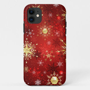 Kerstgouden sneeuwvlokken op rode achtergrond Case-Mate iPhone case