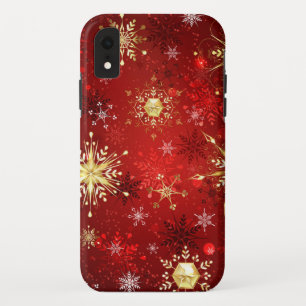 Kerstgouden sneeuwvlokken op rode achtergrond Case-Mate iPhone case