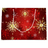 Kerstgouden sneeuwvlokken op rode achtergrond groot cadeauzakje (Voorkant)
