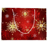 Kerstgouden sneeuwvlokken op rode achtergrond groot cadeauzakje (Achterkant)