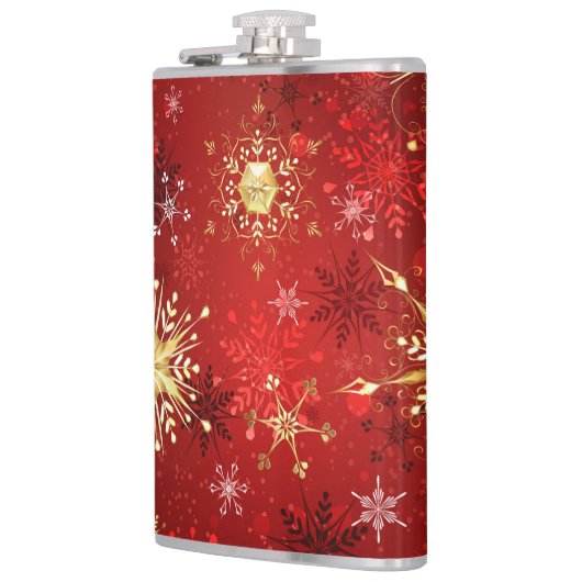 Kerstgouden sneeuwvlokken op rode achtergrond heupfles (Links)