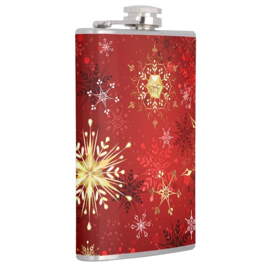 Kerstgouden sneeuwvlokken op rode achtergrond heupfles (Rechts)