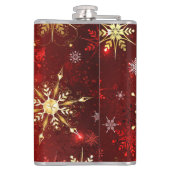 Kerstgouden sneeuwvlokken op rode achtergrond heupfles (Achterkant)