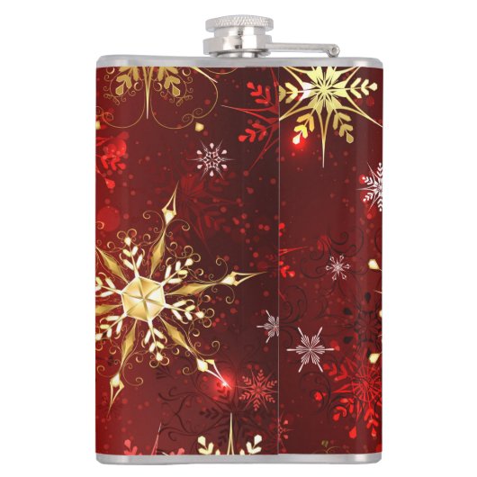 Kerstgouden sneeuwvlokken op rode achtergrond heupfles (Achterkant)