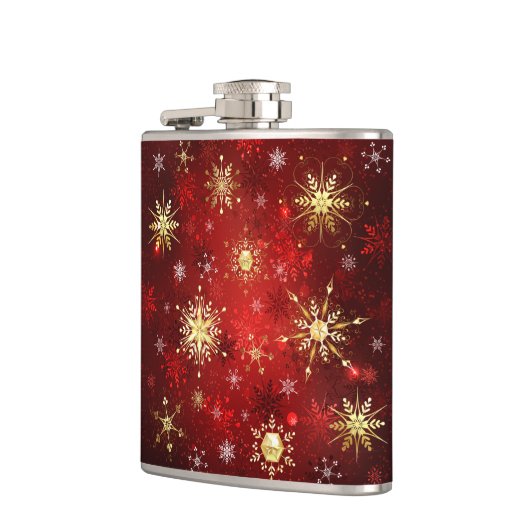 Kerstgouden sneeuwvlokken op rode achtergrond heupfles (Links)