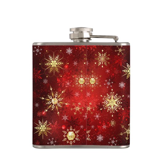 Kerstgouden sneeuwvlokken op rode achtergrond heupfles (Achterkant)