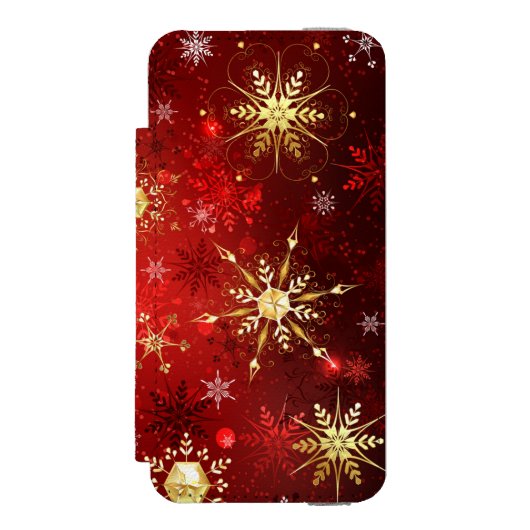 Kerstgouden sneeuwvlokken op rode achtergrond incipio iPhone portemonnee hoesje (Voorkant Agenda)