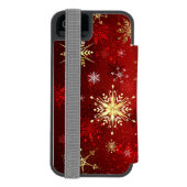Kerstgouden sneeuwvlokken op rode achtergrond incipio iPhone portemonnee hoesje (Agenda Achterkant)
