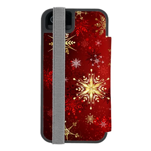 Kerstgouden sneeuwvlokken op rode achtergrond incipio iPhone portemonnee hoesje (Agenda Achterkant)