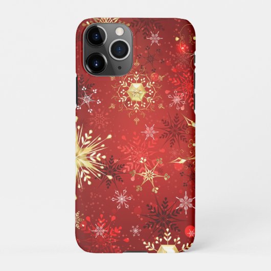 Kerstgouden sneeuwvlokken op rode achtergrond iPhone hoesje (Achterkant)