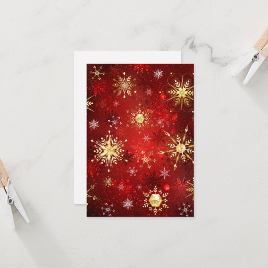 Kerstgouden sneeuwvlokken op rode achtergrond kaart (Voorkant / Achterkant in situ)