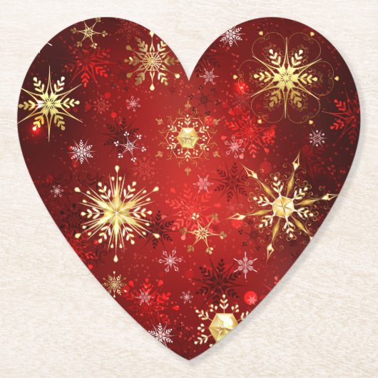 Kerstgouden sneeuwvlokken op rode achtergrond kartonnen onderzetters (Voorkant)