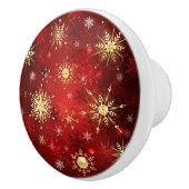 Kerstgouden sneeuwvlokken op rode achtergrond keramische knop (Rechts)