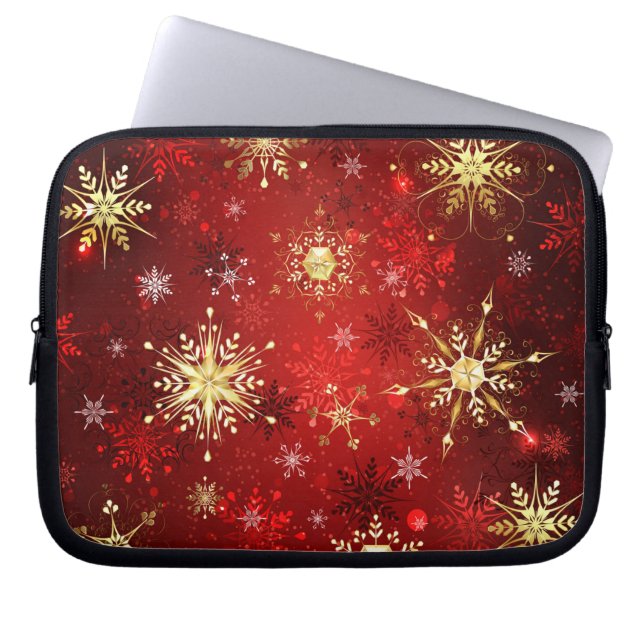 Kerstgouden sneeuwvlokken op rode achtergrond laptop sleeve (Voorkant)
