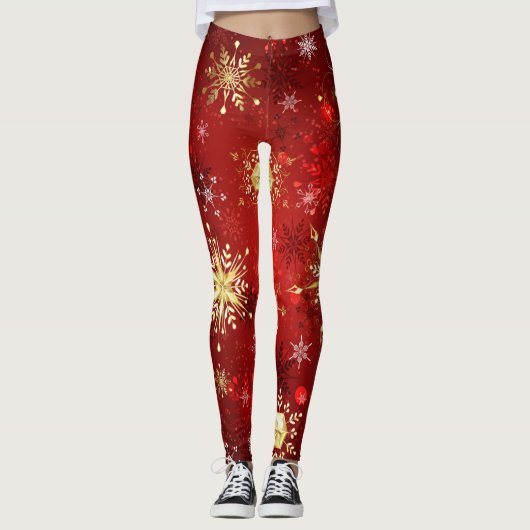 Kerstgouden sneeuwvlokken op rode achtergrond leggings (Voorkant)