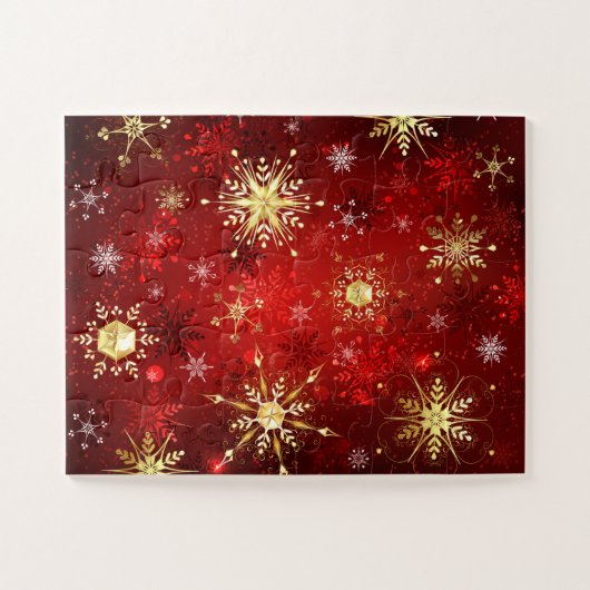 Kerstgouden sneeuwvlokken op rode achtergrond legpuzzel (Horizontaal)