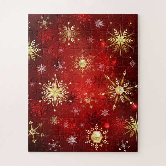 Kerstgouden sneeuwvlokken op rode achtergrond legpuzzel (Verticaal)