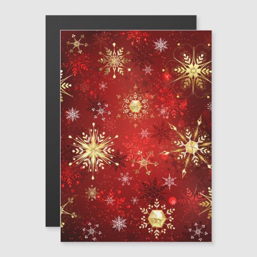 Kerstgouden sneeuwvlokken op rode achtergrond magnetische uitnodiging (Voorkant / Achterkant)