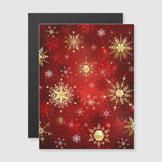 Kerstgouden sneeuwvlokken op rode achtergrond magnetische uitnodiging (Voorkant / Achterkant)