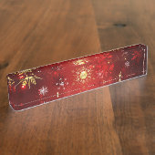 Kerstgouden sneeuwvlokken op rode achtergrond naambordje (Zijkant)