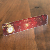 Kerstgouden sneeuwvlokken op rode achtergrond naambordje (Zijkant)