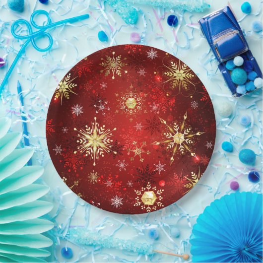 Kerstgouden sneeuwvlokken op rode achtergrond papieren bordje (Feest)