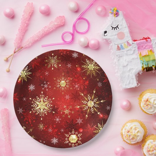 Kerstgouden sneeuwvlokken op rode achtergrond papieren bordje (Feest)