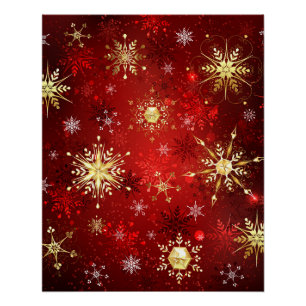 Kerstgouden sneeuwvlokken op rode achtergrond perfect poster