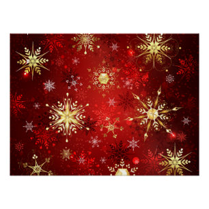 Kerstgouden sneeuwvlokken op rode achtergrond perfect poster