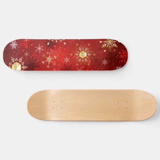 Kerstgouden sneeuwvlokken op rode achtergrond persoonlijk skateboard (Horizontaal)