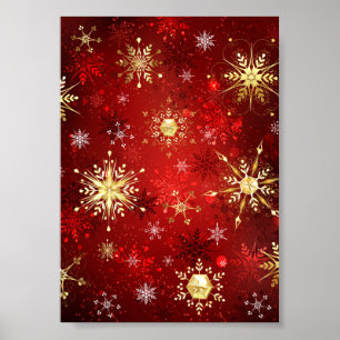 Kerstgouden sneeuwvlokken op rode achtergrond poster