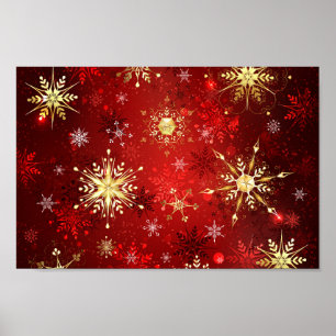 Kerstgouden sneeuwvlokken op rode achtergrond poster