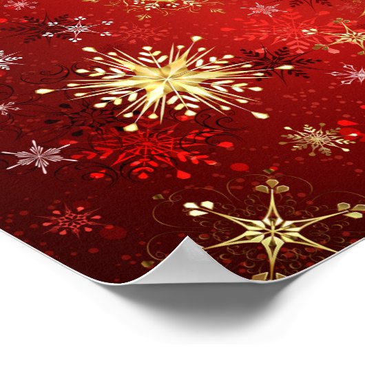 Kerstgouden sneeuwvlokken op rode achtergrond poster (Hoek)