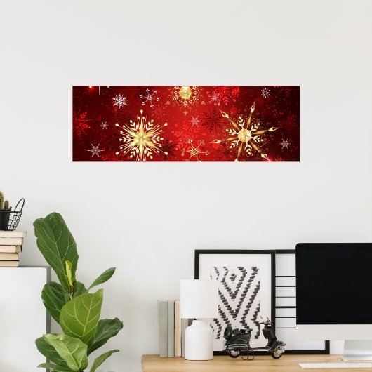 Kerstgouden sneeuwvlokken op rode achtergrond poster (Thuiskantoor)