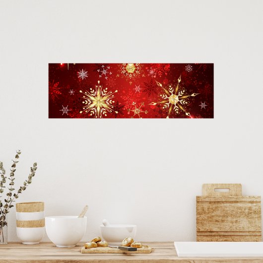Kerstgouden sneeuwvlokken op rode achtergrond poster (Keuken)